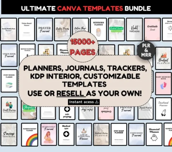 15000+ Pages Canva Template Bundle, Canva PLR Templates, Planners, Journals, Trackers, Printable, Master Resell Rights, MRR PLR Products